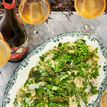 Linguine with Goats Cheese, Lemon, Asparagus & Peas